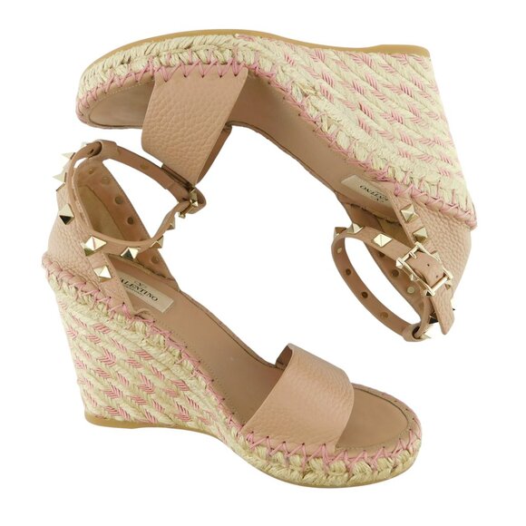 New VALENTINO Rockstud Nude Beige Espadrille Wedge Ankle Strap Sandals 37 - Picture 4 of 10